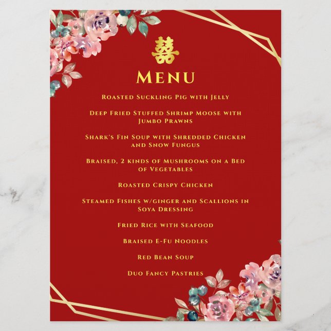 Menu Coroa floral geométrica de ouro vermelho casamento (Frente)