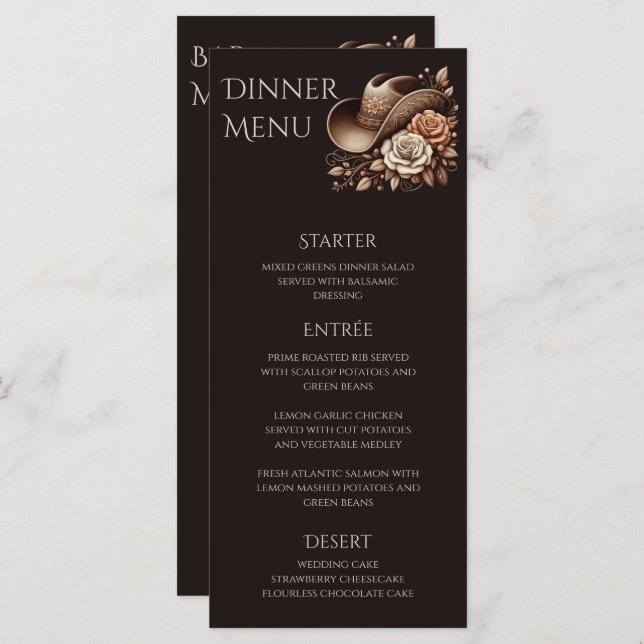 Menu Country Western Cowgirl Hat com Flores (Frente/Verso)