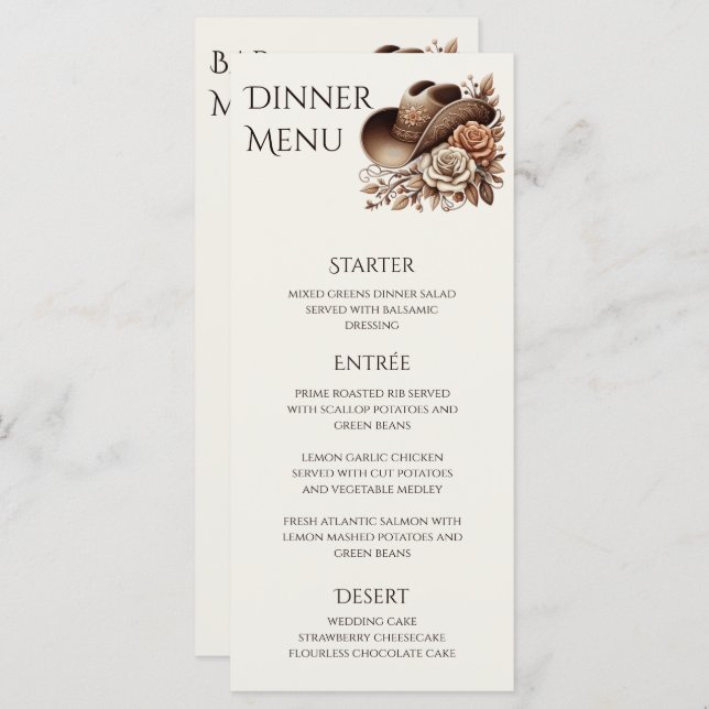 Menu Country Western Cowgirl Hat com Flores (Frente/Verso)