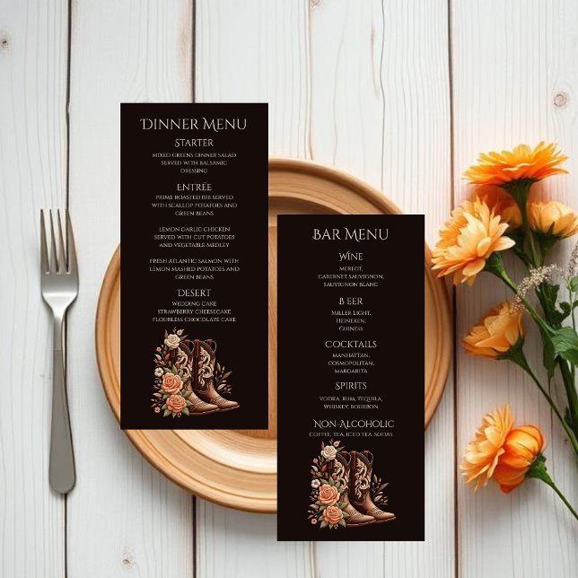 Menu Country Western Flowers com Boots de Cowboy (Country Western-Flowers with Cowboy Boots-Wedding dinner and bar menu)
