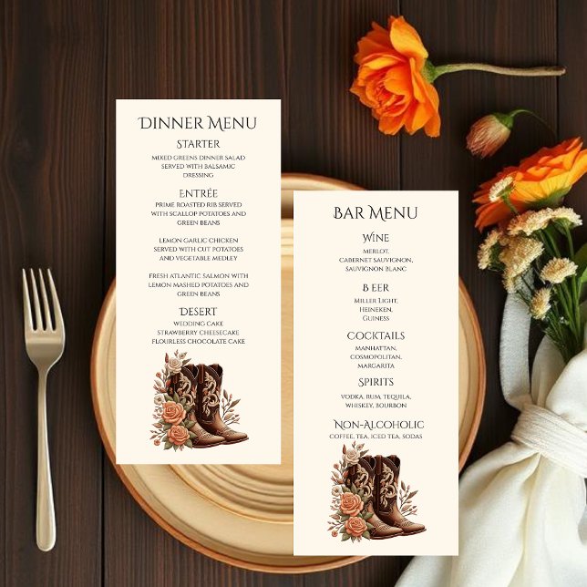 Menu Country Western Flowers com Boots de Cowboy (Modern Country Western Wedding-Flowers With Cowboy Boots-Wedding Dinner and Bar Menu)