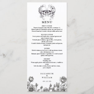 Menu Crânios Florais Rosas Preto E Branco Casamento Gót