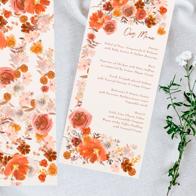 Menu Cream Burnt Orange Floral Boho Buquê Casamento (Criador carregado)