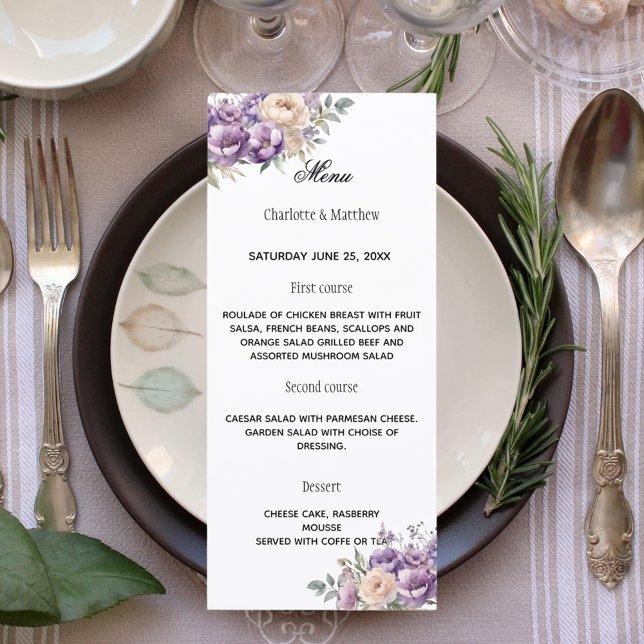 Menu Creme floral champanhe de lavanda para casamento (Criador carregado)