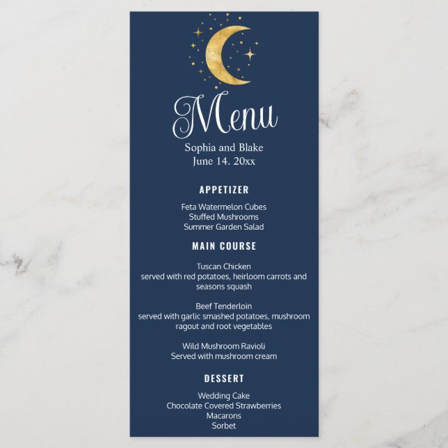 Menu Crescent Moon Starry Night Marinho do Casamento Fl (Frente)