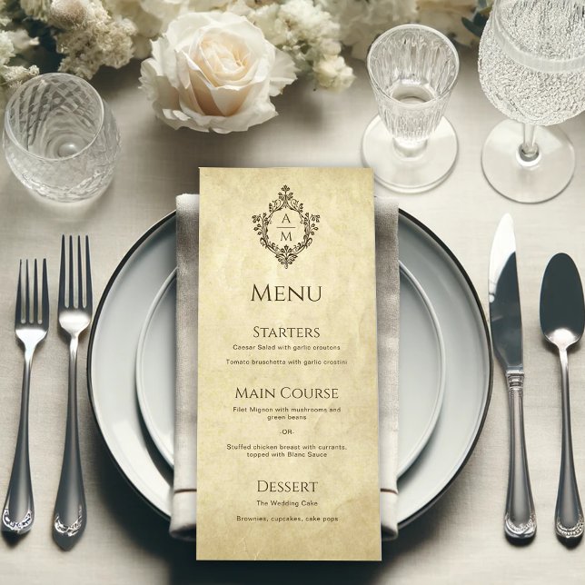 Menu Crest Casamento Monograma Pergaminho Vintage Vitor (Criador carregado)