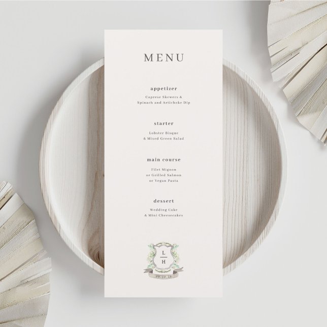 Menu Crest Floral Água-tinta Monograma Casamento (Criador carregado)