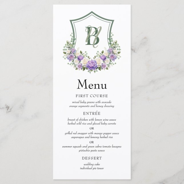 Menu Crest Floral Branco Roxo Casamento (Frente)