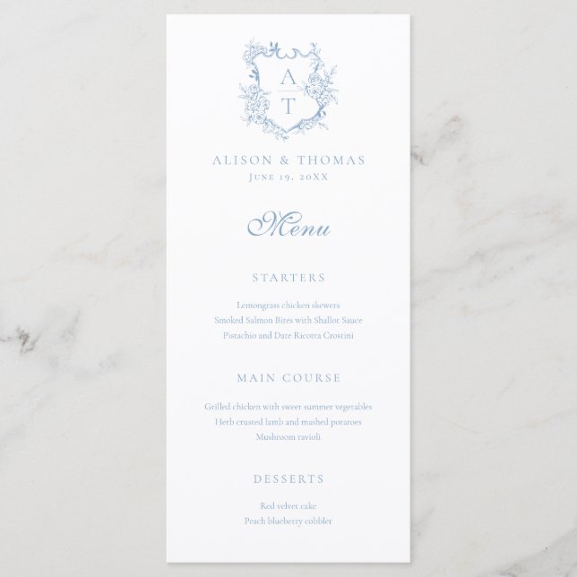 Menu Crest Monograma Dusty Casamento Azul (Frente)