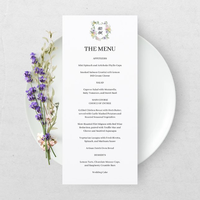 Menu Crest Monograma Floral Formal de Casamento (Criador carregado)