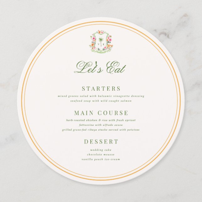 Menu Crest Palm Tree Monogram Custom Guest Name Wedding (Frente)