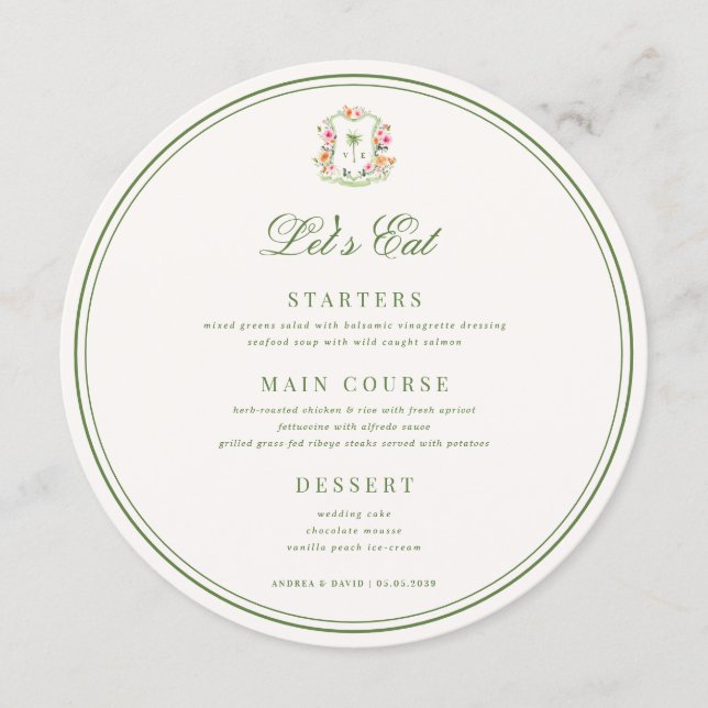 Menu Crest Palm Tree Monogram Lets Eat Round Wedding (Frente)