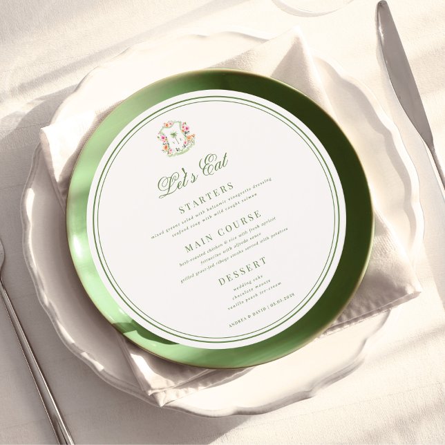 Menu Crest Palm Tree Monogram Lets Eat Round Wedding (Criador carregado)