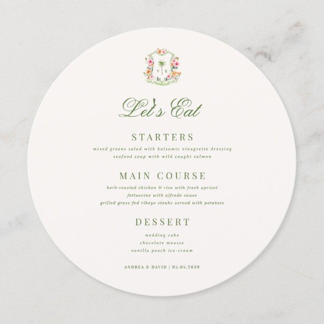 Menu Crest Palm Tree Monogram Lets Eat Round Wedding (Frente)