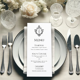 Menu Crest Preto e Branco Monograma de Casamento Vintag