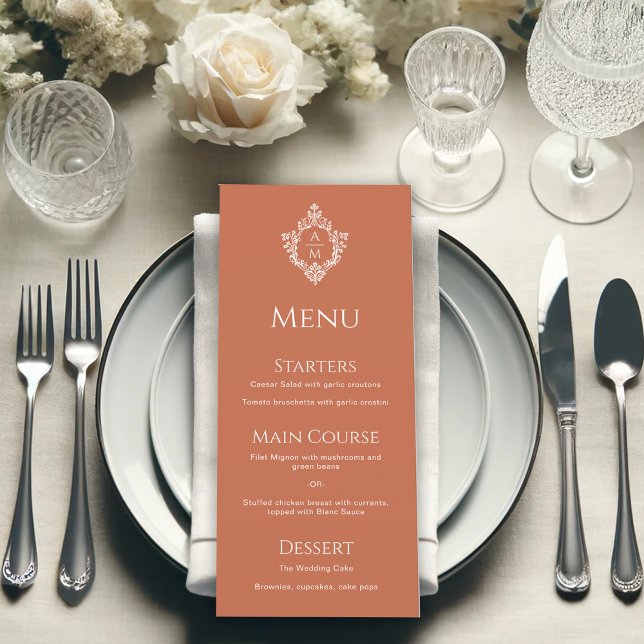 Menu Crest Terracotta Casamento Monograma Vintage Brown (Criador carregado)