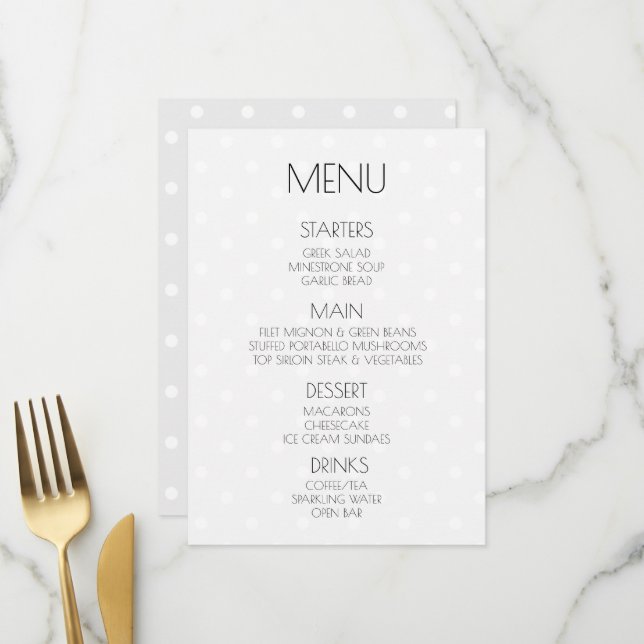 Menu Crie Seu Próprio Casamento Cinza de Bolinhas Retro (Frente/Verso In Situ)
