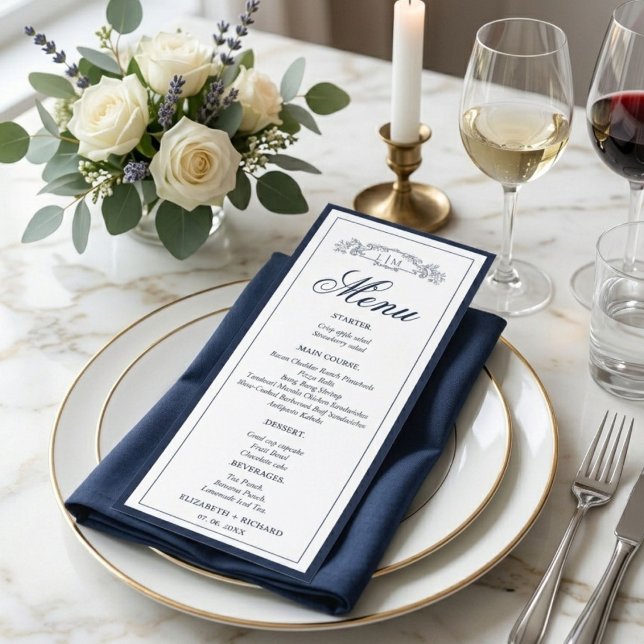 Menu crista botânica de monograma de casamento azul mar (Criador carregado)