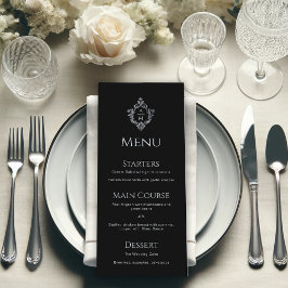 Menu Cristal Preto Elegante Vintage Cinza Monograma Cas