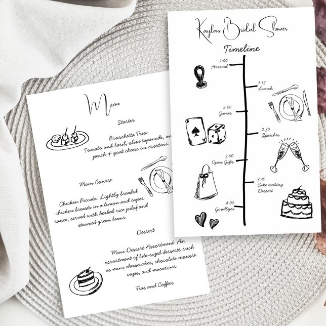 Menu cronograma do chá de panela desenhado à mão (Hand drawn scribble sketch minimalist handwriting black and white bridal shower timeline menu card)