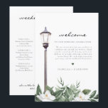 Menu Cronologia da Carta de Boas-Vindas da Magnólia em<br><div class="desc">Esta carta de boas-vindas de casamento e cronograma apresenta magnólias em aquarela e um poste de iluminação inspirado no French Quarter. Use este modelo para editar todas as palavras, fonte, cor da fonte e cor do fundo para combinar com o estilo do seu evento. Clique em 'clique para personalizar ainda...</div>