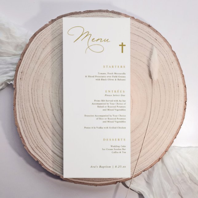 Menu Cruz de Ouro Elegante Simples Moderno Batismo (Elegant baptism menu card with gold script and cross, personalized for your special celebration.)