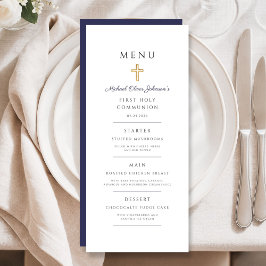 Menu Cruz Religiosa Azul Marinho Elegante Primeira Comu