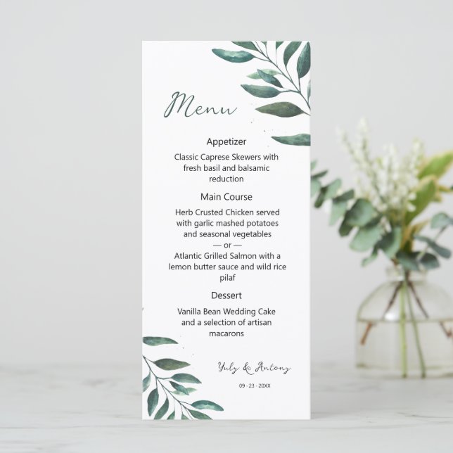 Menu Curso de Jantar com Aquarela Botânica Moderna (Em pé/Frente)
