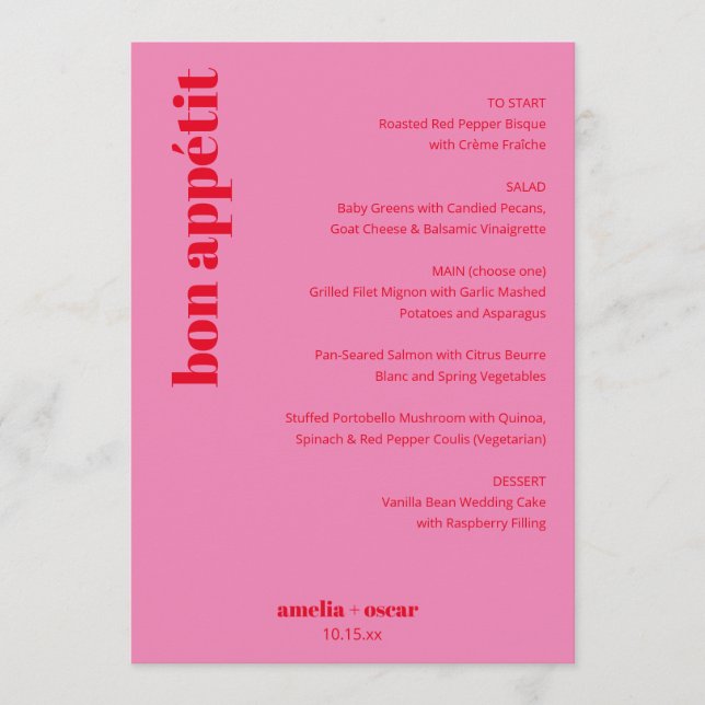 Menu Custom Bright Bold Pink and Red Modern Wedding (Frente)