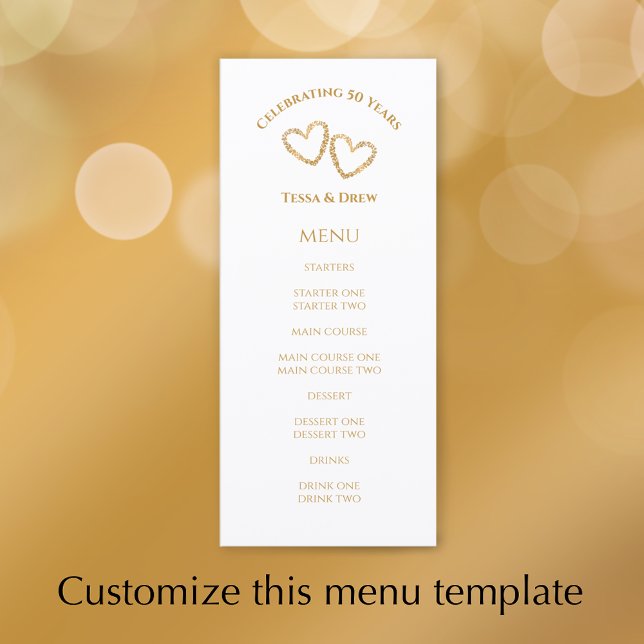 Menu Custom Heart Golden 50th Wedding Anniversary Party (Custom menu template, modern elegant golden hearts design 50th wedding anniversary party menu.
)