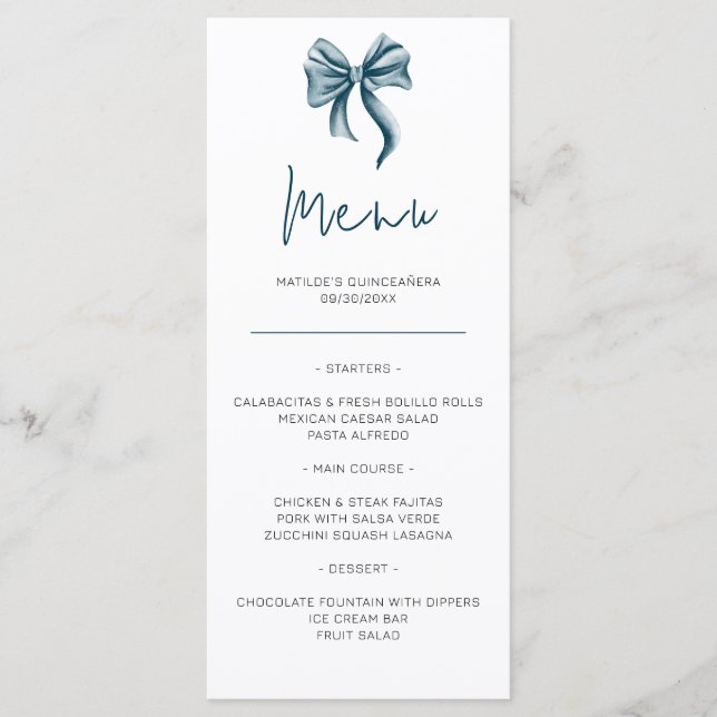 Menu Cute Blue Bow Quinceañera (Frente)