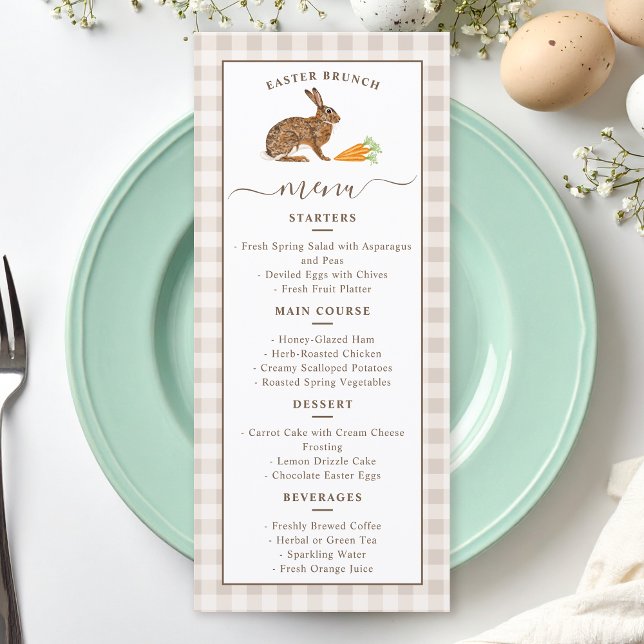 Menu Cute Hare And Carrots Beige Gingham Easter Brunch (Criador carregado)