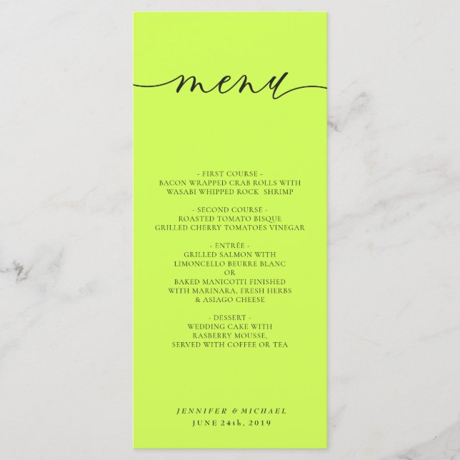 Menu Cyber Lime Jet Black Simple Script Wedding Dinner (Frente)