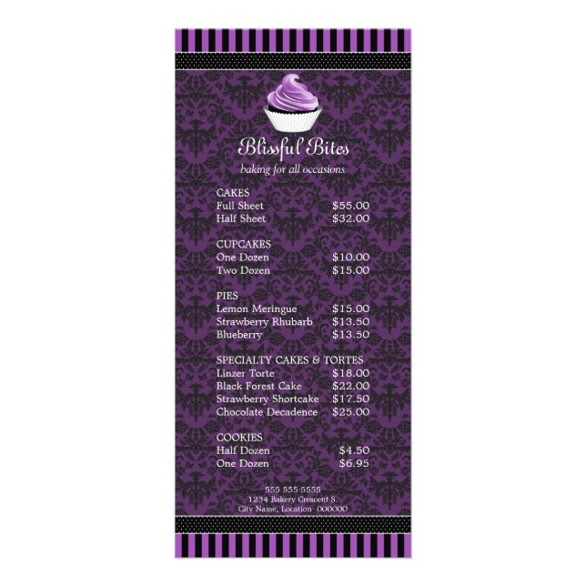 Menu da padaria do Cupcake roxo do Damask Elegante (Frente)