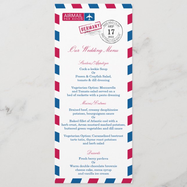 Menu da recepção de casamento do correio aéreo de (Frente)