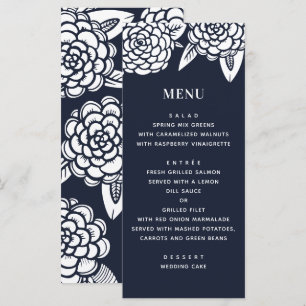 Menu Dahlia. Marinho do casamento floral moderno. Azul