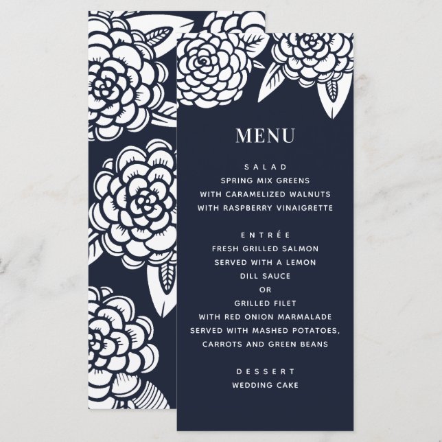 Menu Dália. Casamento floral moderno naval. Botânico az (Frente/Verso)