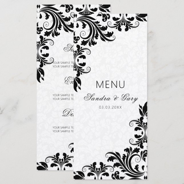 Menu Damáscaras Brancos de rendas Pretas Elegantes (Frente/Verso)