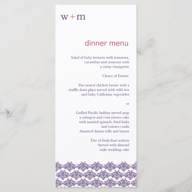 Menu Damask Simplicity Cyan Purple Weding (Frente)