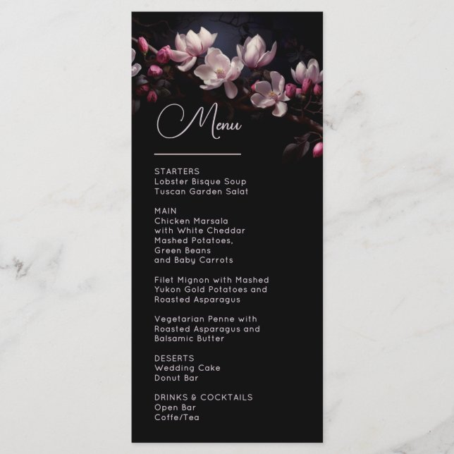 Menu Dark Moody Flowers Magnolia Wedding (Frente)