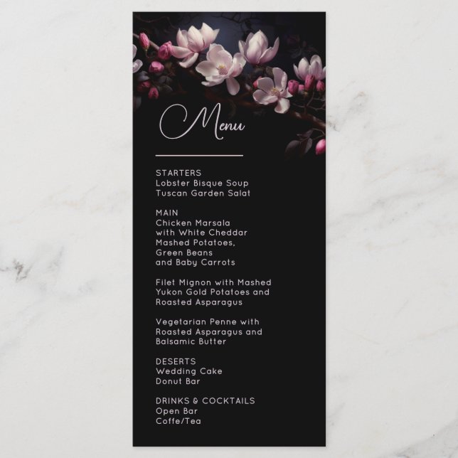 Menu Dark Moody Flowers Magnolia Wedding (Frente)