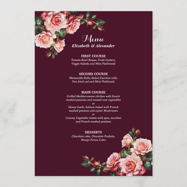 Menu Dark moody pink and red roses burgundy  wedding (Frente)