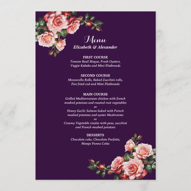 Menu Dark moody pink and red roses purple wedding (Frente)