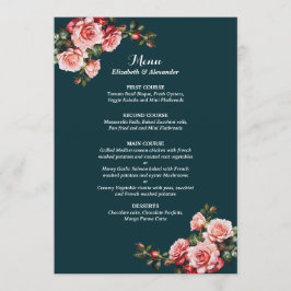 Menu Dark moody pink and red roses teal wedding