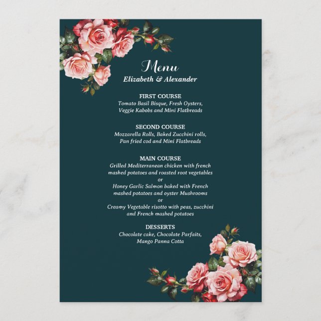 Menu Dark moody pink and red roses teal wedding (Frente)