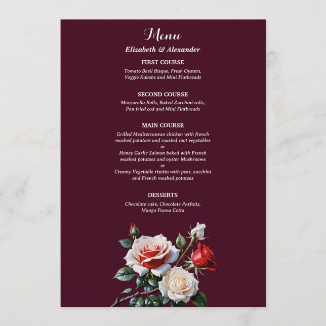 Menu Dark Pretty pink white red roses floral wedding  (Frente)