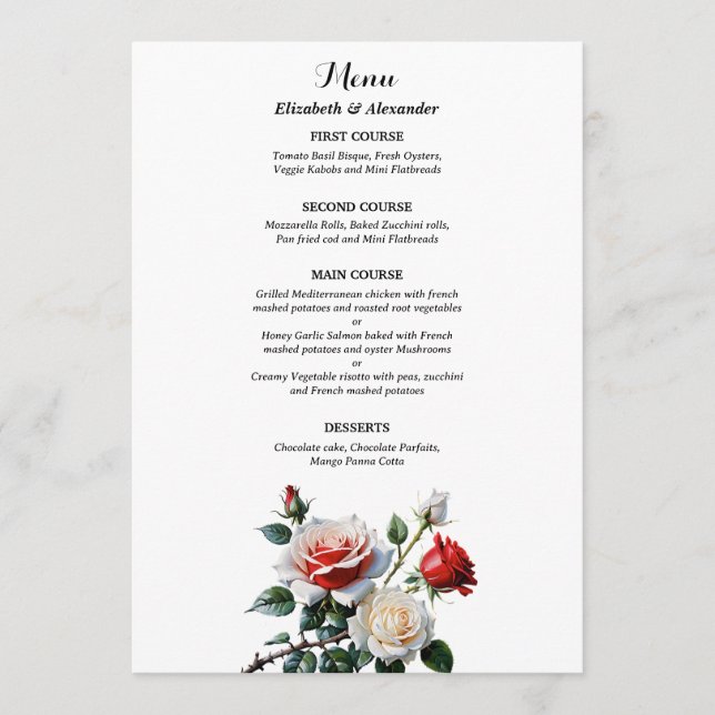 Menu Dark Pretty pink white red roses floral wedding  (Frente)