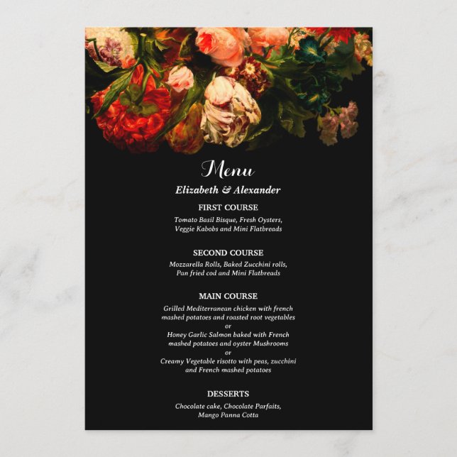 Menu Dark romantic moody elegant floral wedding (Frente)