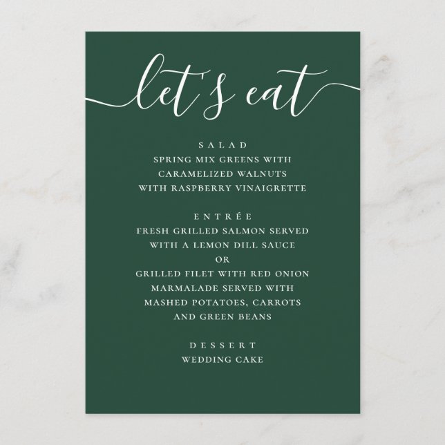Menu Dark Woodland Green Wedding | Modern Script Dinner (Frente)