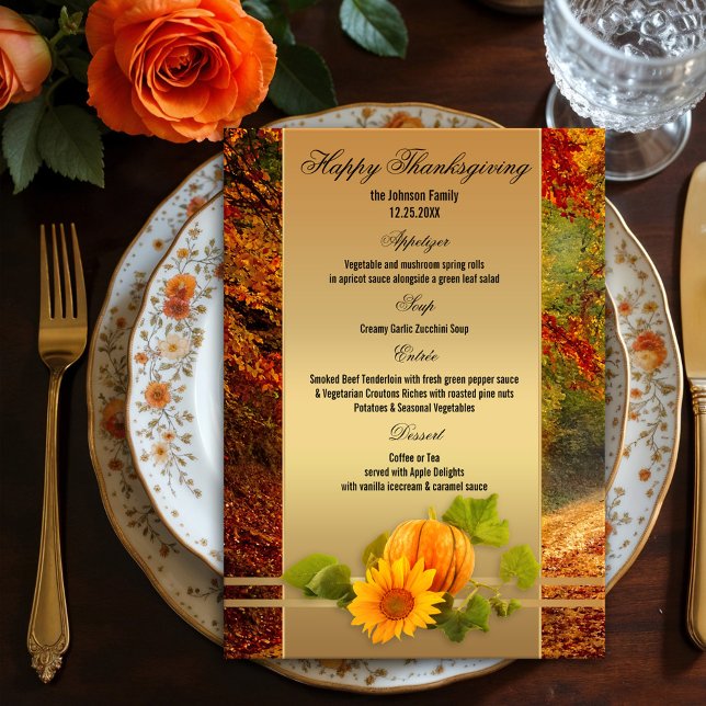 Menu de Ação de Graças Dourada (Elegant Thanksgiving fall menu card featuring a pumpkin with sunflower on a gold stylized background)